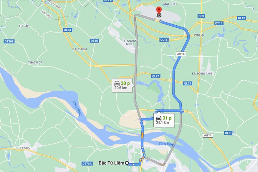 Từ quận Bắc Từ Liêm đến sân bay Nội Bài khoảng 21km