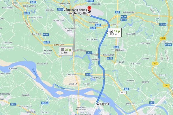 Từ quận Tây Hồ đến sân bay Nội Bài khoảng 18km