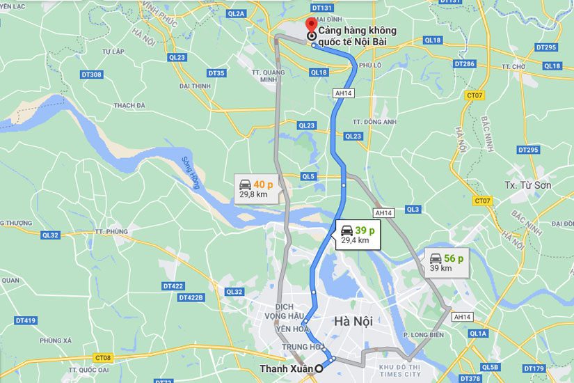 Từ quận Thanh Xuân đến sân bay Nội Bài khoảng 30km
